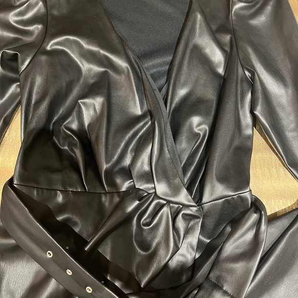 Black Leather V-neck Mini Dress - Picture 3 of 5